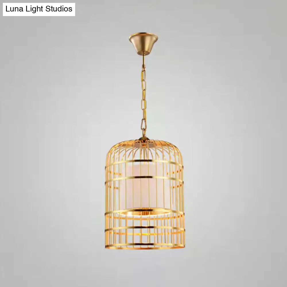 Gold Plated Birdcage Hanging Lamp - Country Metal Ceiling Light with Cone Shade