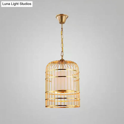 Gold Plated Birdcage Hanging Lamp - Country Metal Ceiling Light with Cone Shade