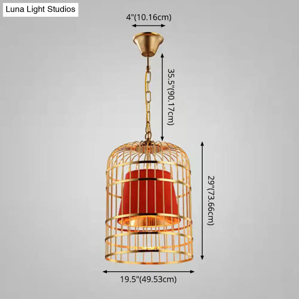 Gold Plated Birdcage Hanging Lamp - Country Metal Ceiling Light with Cone Shade