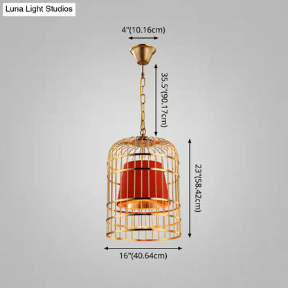 Gold Plated Birdcage Hanging Lamp - Country Metal Ceiling Light with Cone Shade