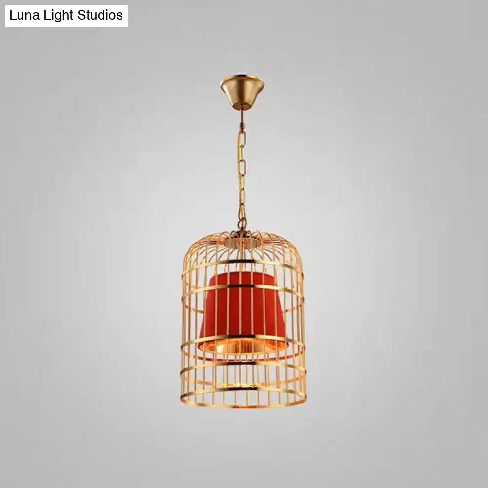 Gold Plated Birdcage Hanging Lamp - Country Metal Ceiling Light with Cone Shade