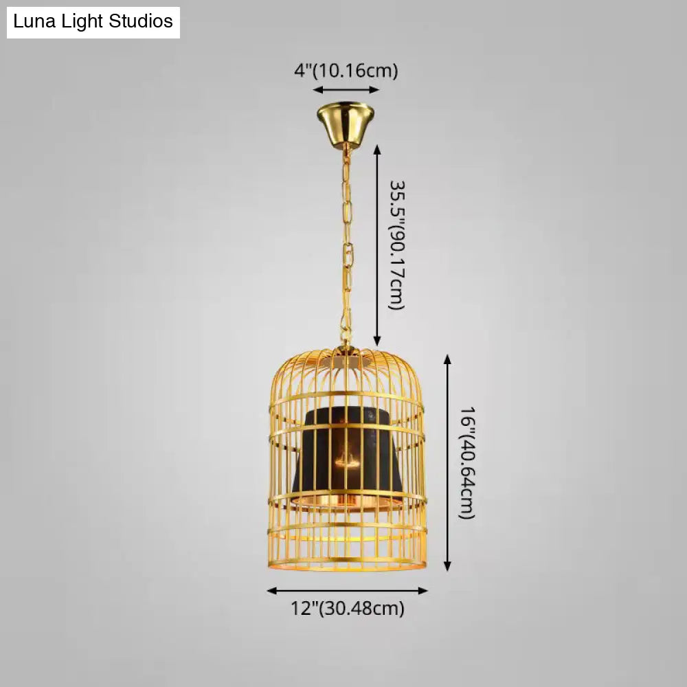 Gold Plated Birdcage Hanging Lamp - Country Metal Ceiling Light with Cone Shade