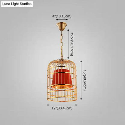 Gold Plated Birdcage Hanging Lamp - Country Metal Ceiling Light with Cone Shade