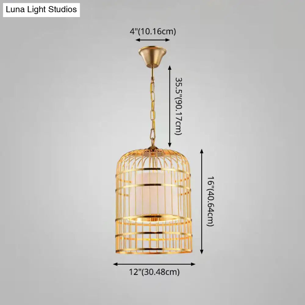 Gold Plated Birdcage Hanging Lamp - Country Metal Ceiling Light with Cone Shade