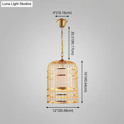 Gold Plated Birdcage Hanging Lamp - Country Metal Ceiling Light with Cone Shade