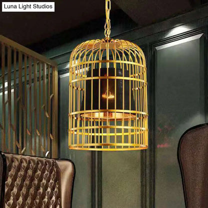 Gold Plated Birdcage Hanging Lamp - Country Metal Ceiling Light with Cone Shade