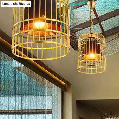 Gold Plated Birdcage Hanging Lamp - Country Metal Ceiling Light with Cone Shade