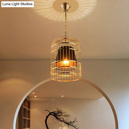 Gold Plated Birdcage Hanging Lamp - Country Metal Ceiling Light with Cone Shade