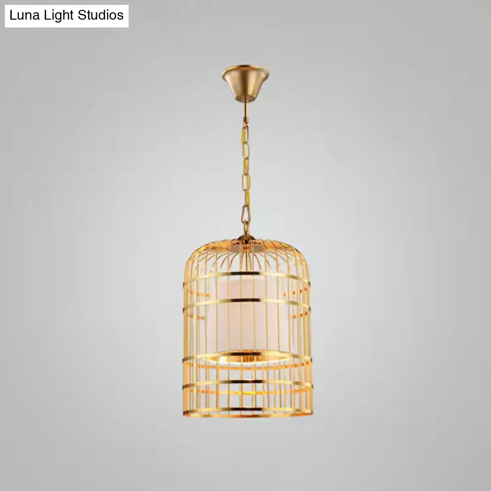 Gold Plated Birdcage Hanging Lamp - Country Metal Ceiling Light with Cone Shade