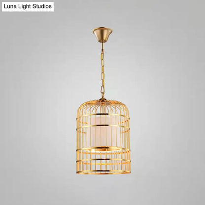 Gold Plated Birdcage Hanging Lamp - Country Metal Ceiling Light with Cone Shade