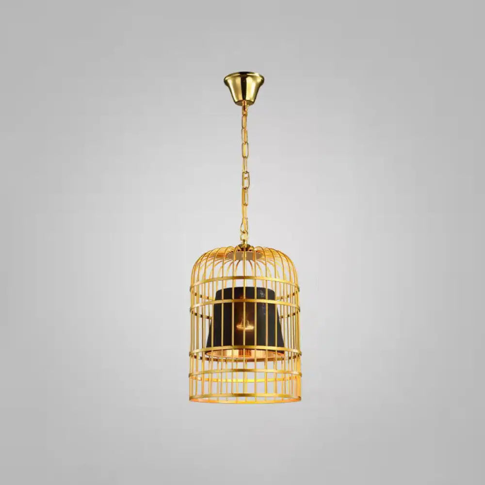 Gold Plated Birdcage Hanging Lamp - Country Metal Ceiling Light with Cone Shade