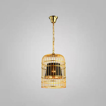 Gold Plated Birdcage Hanging Lamp - Country Metal Ceiling Light with Cone Shade