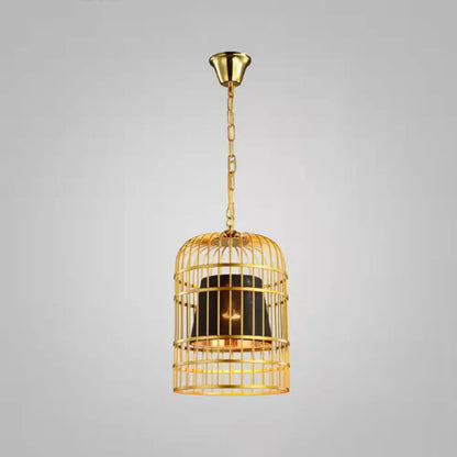 Gold Plated Birdcage Hanging Lamp - Country Metal Ceiling Light with Cone Shade