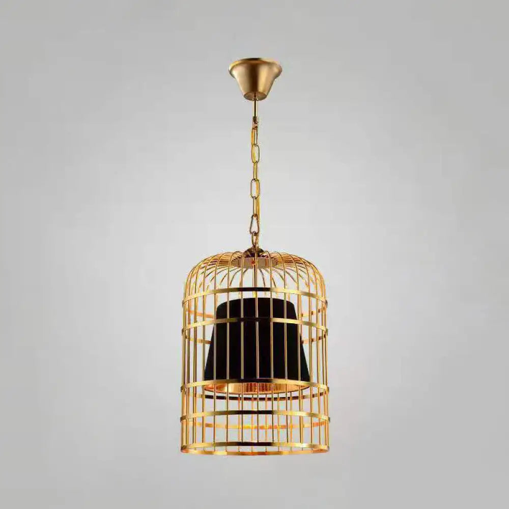 Gold Plated Birdcage Hanging Lamp - Country Metal Ceiling Light with Cone Shade