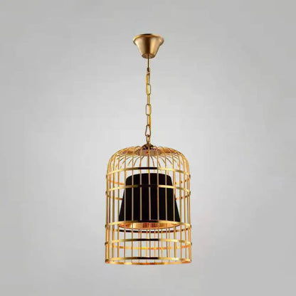 Gold Plated Birdcage Hanging Lamp - Country Metal Ceiling Light with Cone Shade