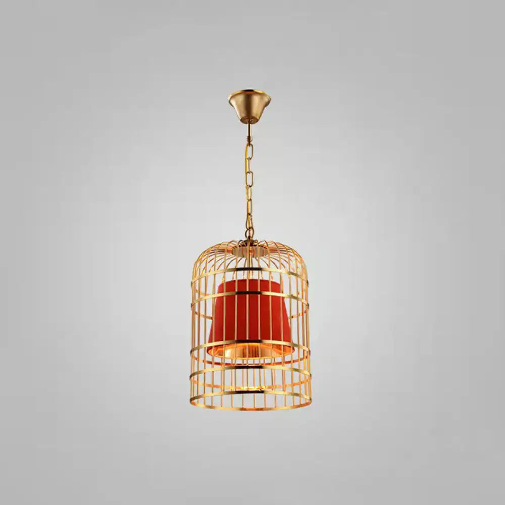 Gold Plated Birdcage Hanging Lamp - Country Metal Ceiling Light with Cone Shade