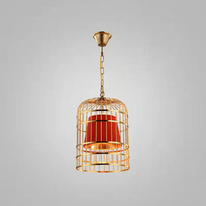 Gold Plated Birdcage Hanging Lamp - Country Metal Ceiling Light with Cone Shade