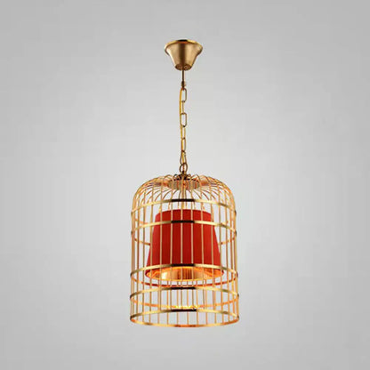 Gold Plated Birdcage Hanging Lamp - Country Metal Ceiling Light with Cone Shade