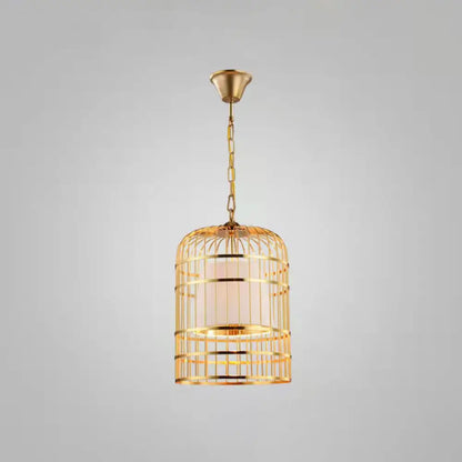 Gold Plated Birdcage Hanging Lamp - Country Metal Ceiling Light with Cone Shade