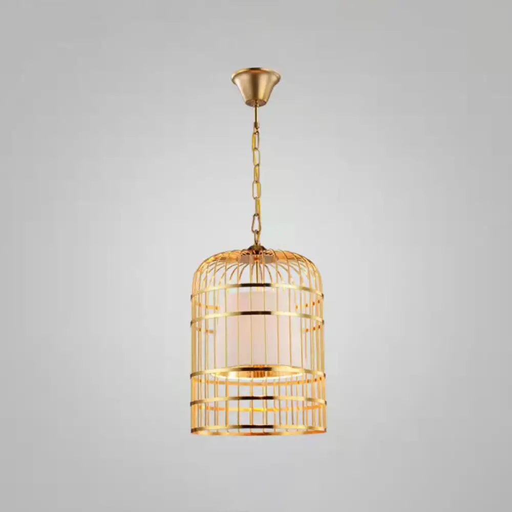 Gold Plated Birdcage Hanging Lamp - Country Metal Ceiling Light with Cone Shade