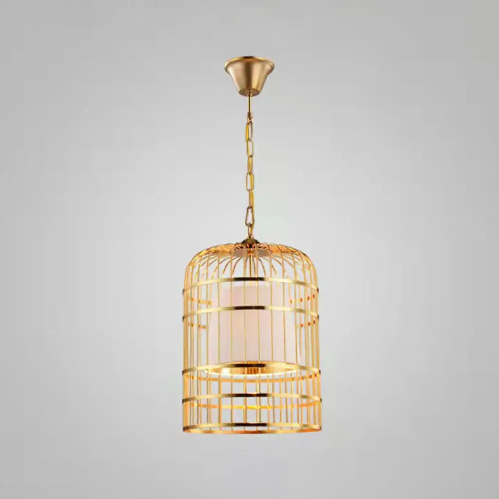 Gold Plated Birdcage Hanging Lamp - Country Metal Ceiling Light with Cone Shade