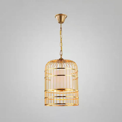 Gold Plated Birdcage Hanging Lamp - Country Metal Ceiling Light with Cone Shade