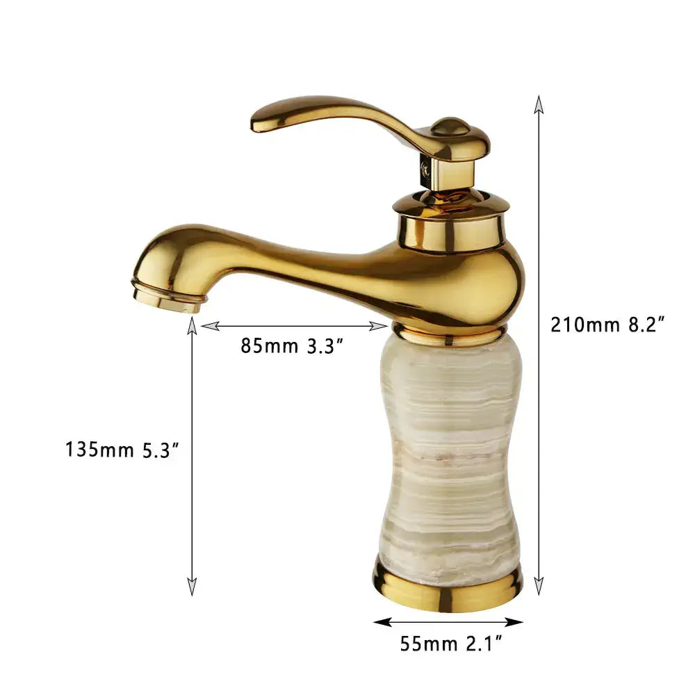 Gold plated jade bathroom faucet with a textured translucent white marble base and gold plated hot cold mixer
