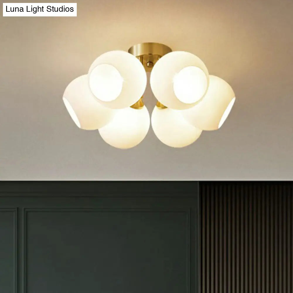 DecorBites™ DecorBites™ Gold Plated Semi-Flush Ceiling Light with Milky Glass Dome for Bedroom