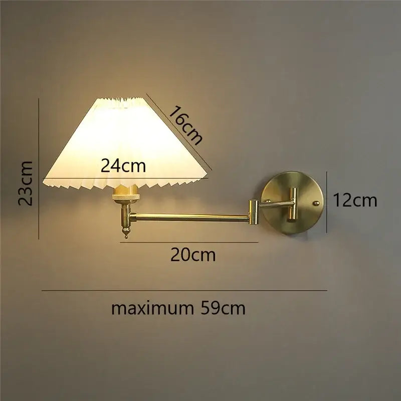 Brass-finished decorbites adjustable led wall lamp with white pleated lampshade for bedroom reading light