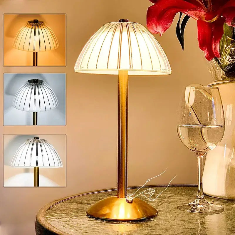Gold finished table lamp with pleated translucent white shade featuring diamond touch sensor led for bedroom lighting