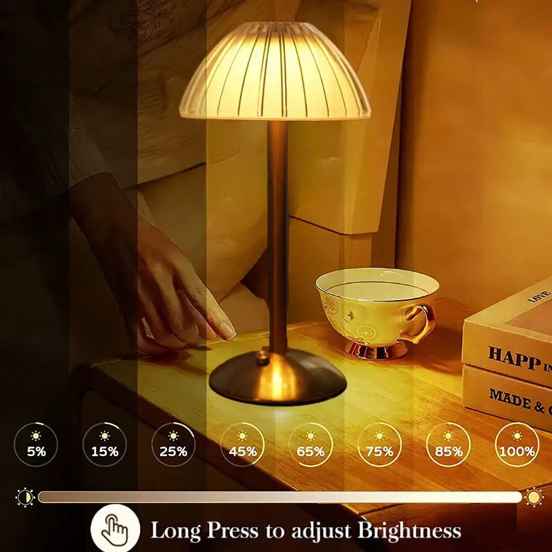Brass-finished table lamp with cream pleated shade featuring gold diamond touch sensor led for bedroom use