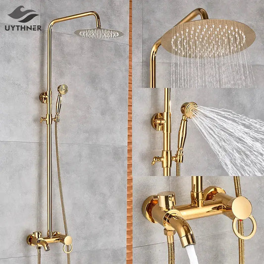 Gold polish rain shower system with round rainhead handheld spray and wall-mounted faucet by decorbites gold polish