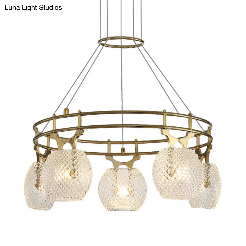 Lámpara colgante de techo estilo postmoderno dorado con forma de bola y cristal transparente, 5 luces, ideal para el comedor.