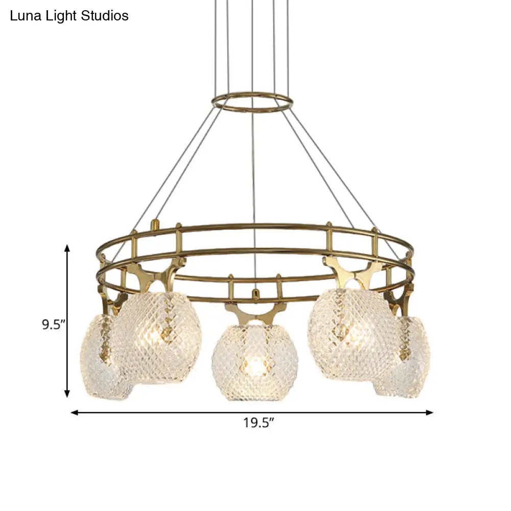 Lámpara colgante de techo estilo postmoderno dorado con forma de bola y cristal transparente, 5 luces, ideal para el comedor.