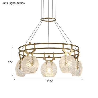 Lámpara colgante de techo estilo postmoderno dorado con forma de bola y cristal transparente, 5 luces, ideal para el comedor.