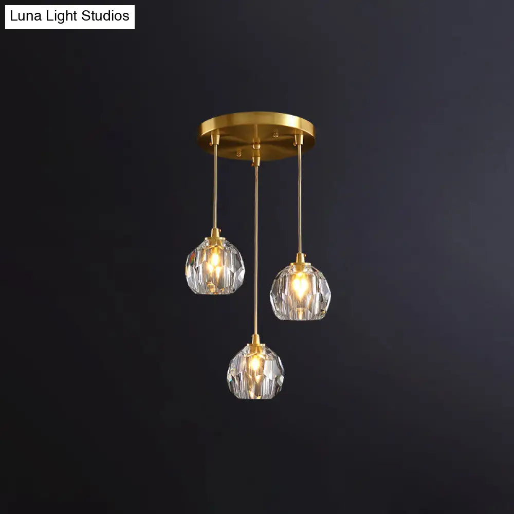 Gold Postmodern Crystal Pendant Light with 3 Shaded Heads for Dining Room Suspension