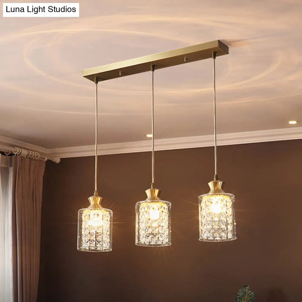 Gold Postmodern Crystal Pendant Light with 3 Shaded Heads for Dining Room Suspension