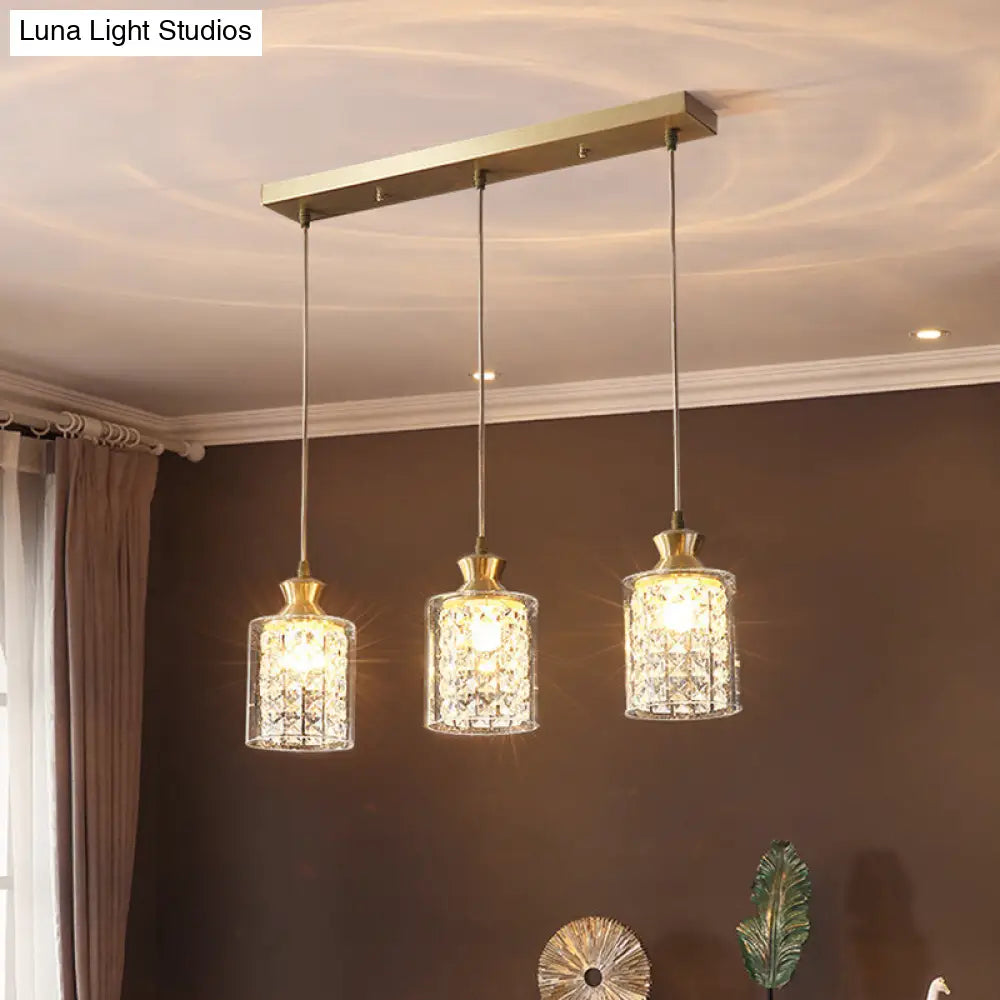 Gold Postmodern Crystal Pendant Light with 3 Shaded Heads for Dining Room Suspension