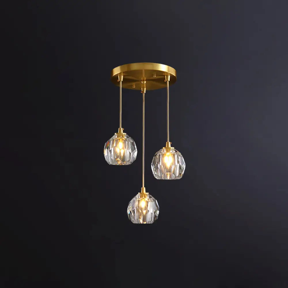 Gold Postmodern Crystal Pendant Light with 3 Shaded Heads for Dining Room Suspension