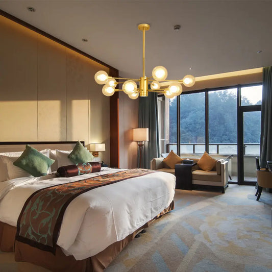 Lámpara de araña dorada con diseño radial: Lámpara de techo moderna con forma de globo de cristal, 10/12/16 luces