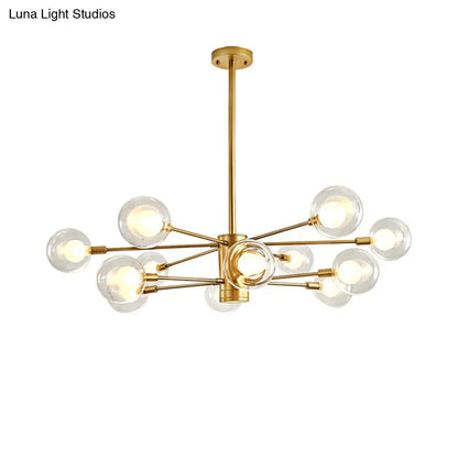 Lámpara de araña dorada con diseño radial: Lámpara de techo moderna con forma de globo de cristal, 10/12/16 luces