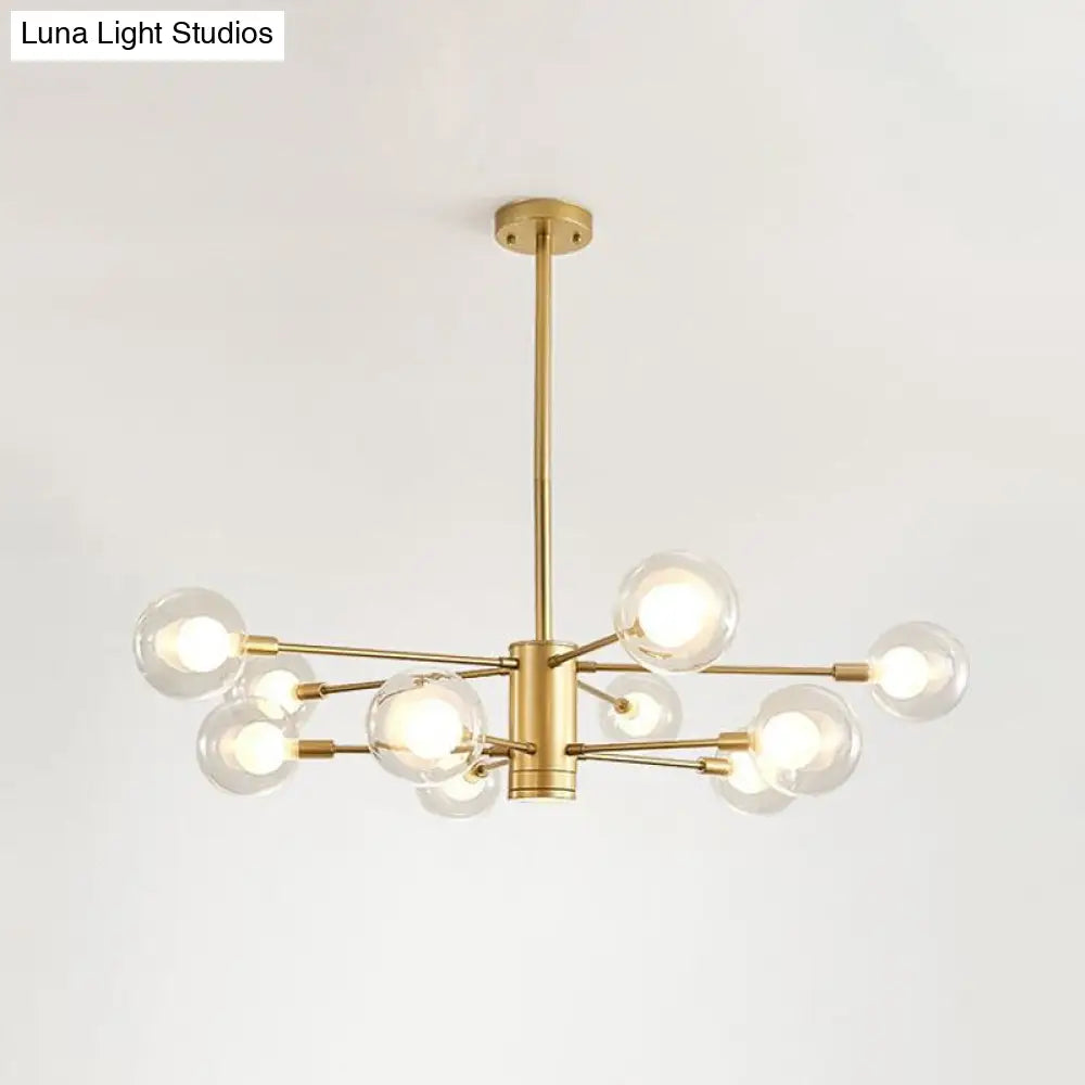 Lámpara de araña dorada con diseño radial: Lámpara de techo moderna con forma de globo de cristal, 10/12/16 luces