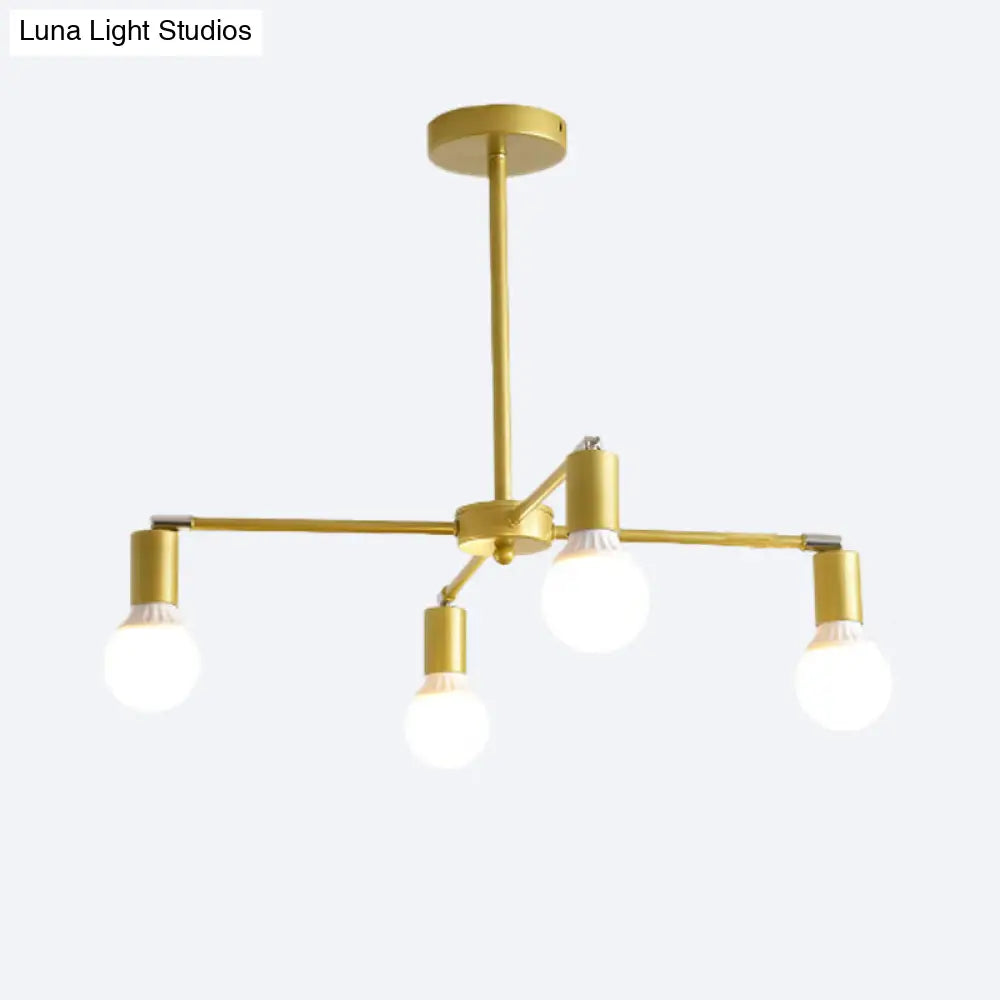 Lámpara de araña radial dorada de metal con luces colgantes para dormitorio - Diseño moderno con bombilla expuesta