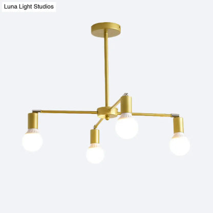 Lámpara de araña radial dorada de metal con luces colgantes para dormitorio - Diseño moderno con bombilla expuesta