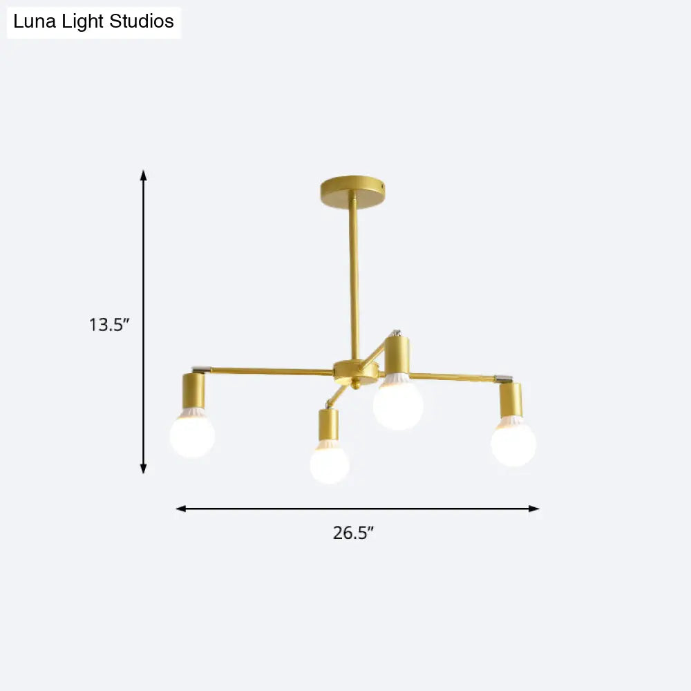 Lámpara de araña radial dorada de metal con luces colgantes para dormitorio - Diseño moderno con bombilla expuesta