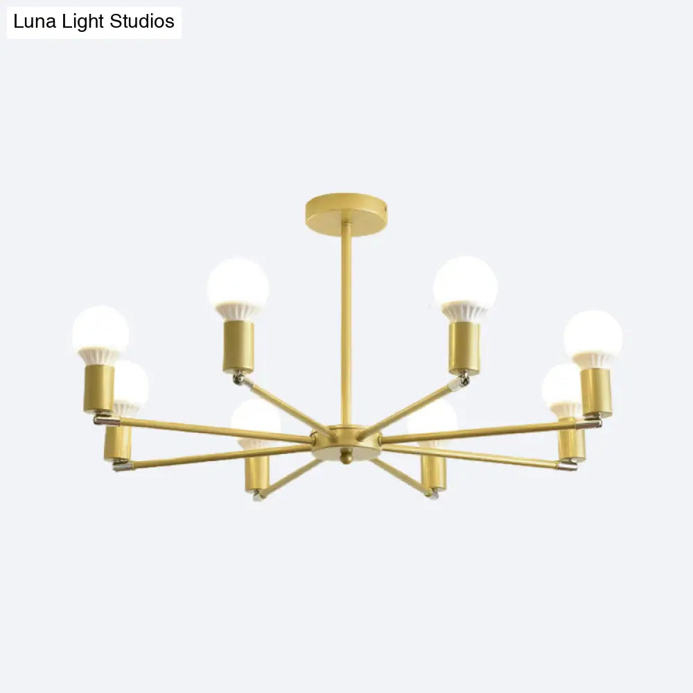 Lámpara de araña radial dorada de metal con luces colgantes para dormitorio - Diseño moderno con bombilla expuesta