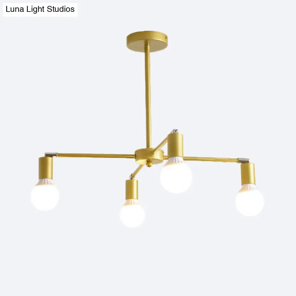 Lámpara de araña radial dorada de metal con luces colgantes para dormitorio - Diseño moderno con bombilla expuesta