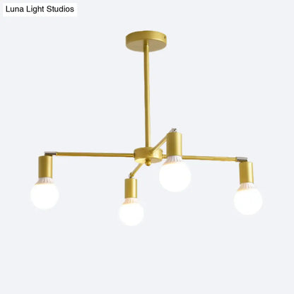 Lámpara de araña radial dorada de metal con luces colgantes para dormitorio - Diseño moderno con bombilla expuesta