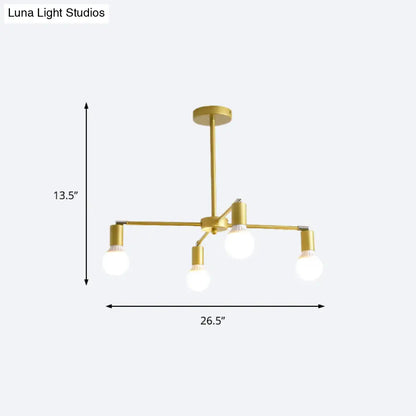 Lámpara de araña radial dorada de metal con luces colgantes para dormitorio - Diseño moderno con bombilla expuesta