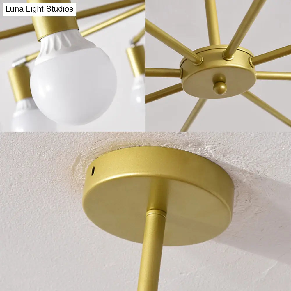 Lámpara de araña radial dorada de metal con luces colgantes para dormitorio - Diseño moderno con bombilla expuesta